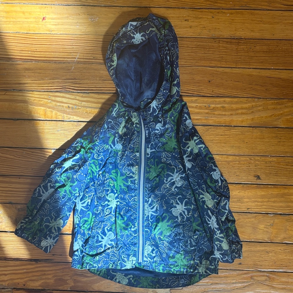 L.L. Bean Blue Hooded Raincoat with Green & White Octopus Print